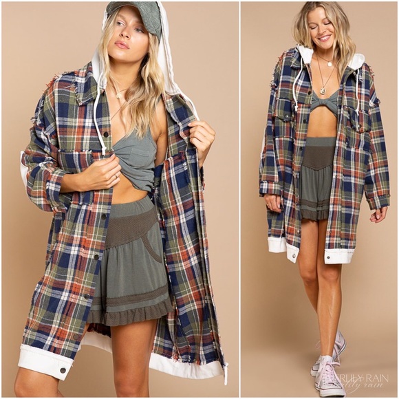 POL Long Plaid Hooded Shirt Jacket - Picture 7 of 13